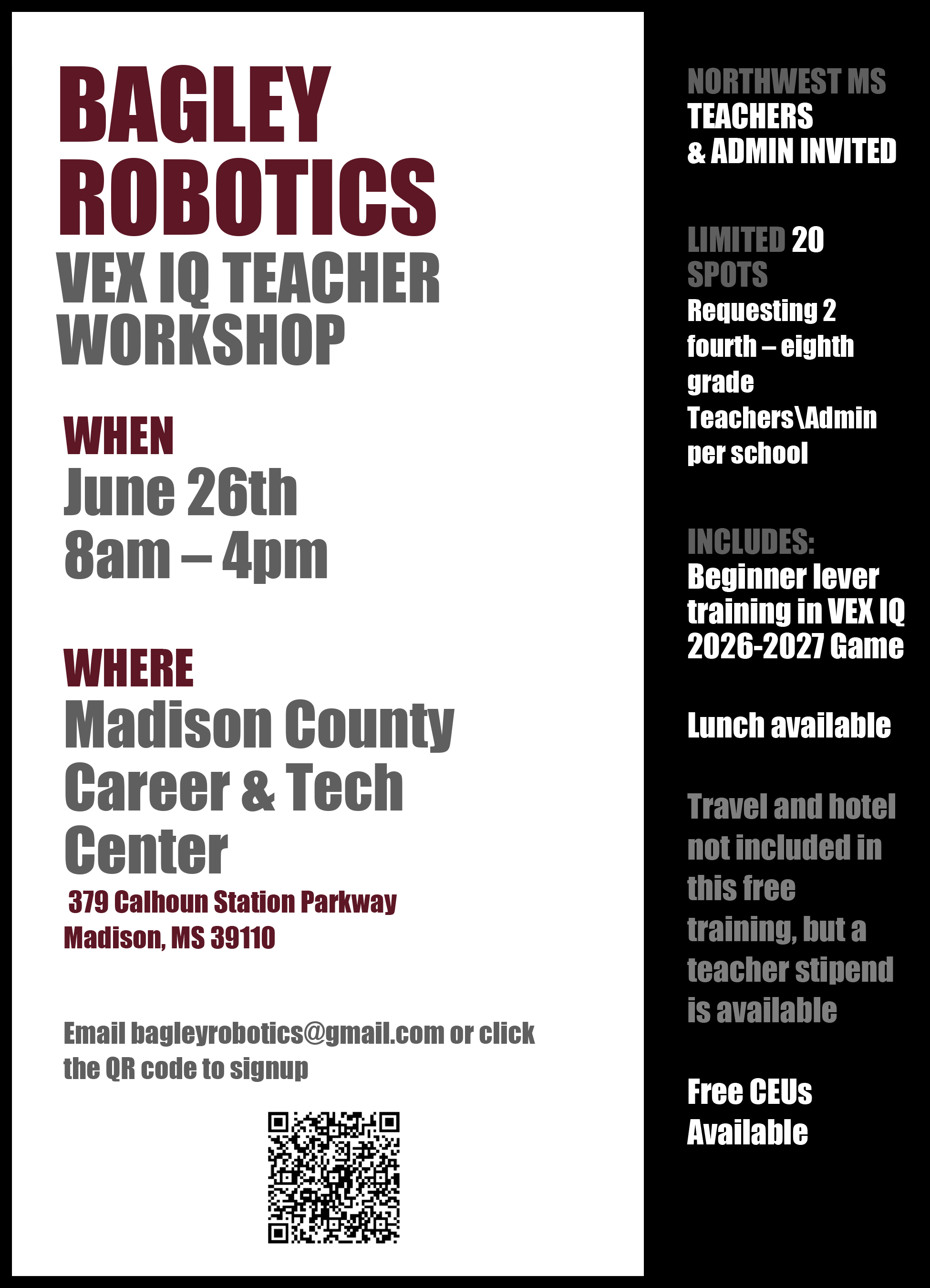 Bagley Robotics VEX IQ Teacher Workshop June 2026 Flyer